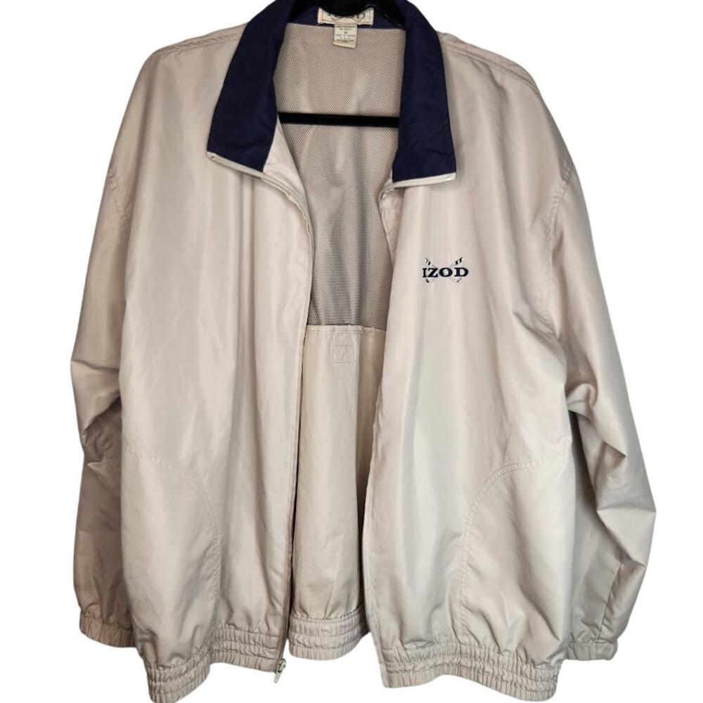 Vintage IZOD Nylon Windbreaker Full Zip Jacket 80s Golf Beige/Blue Mens Medium